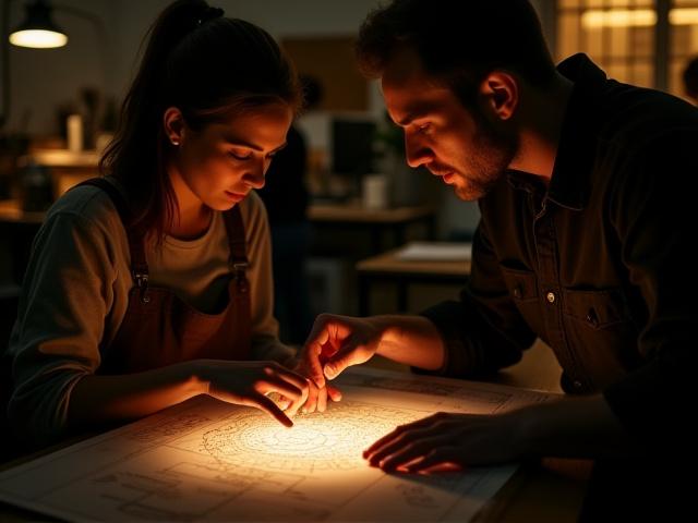 Isabella Valdés y Mateo Ríos, fundadores de Nébula Café, examinando planos y granos de café bajo una luz ambiental innovadora.