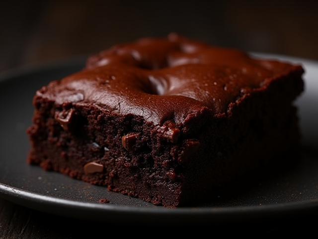 Brownie de doble chocolate intenso, húmedo y denso, con trozos de chocolate derretido.