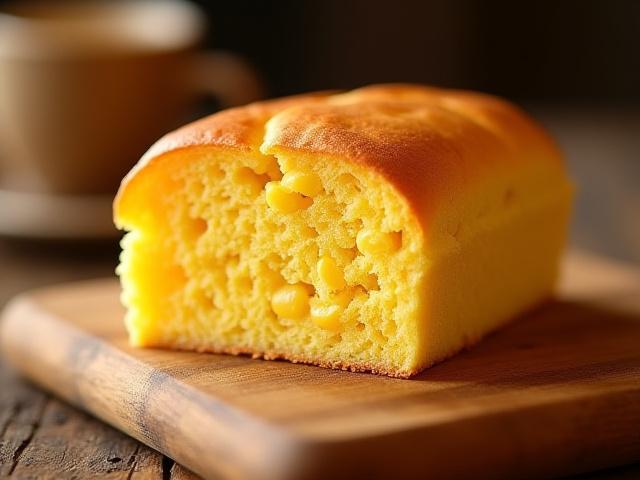 Rebanada de pan de elote húmedo y dorado, con granos de maíz visibles, sobre una tabla de madera.