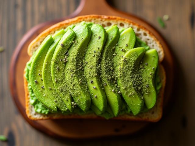 Tostada de aguacate con macha, ricamente cubierta con aguacate en rodajas, polvo de macha y semillas, sobre pan rústico.
