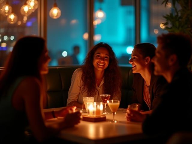 Pequeño grupo de amigos disfrutando de bebidas en Nébula Café por la noche, en un ambiente relajado y sofisticado.
