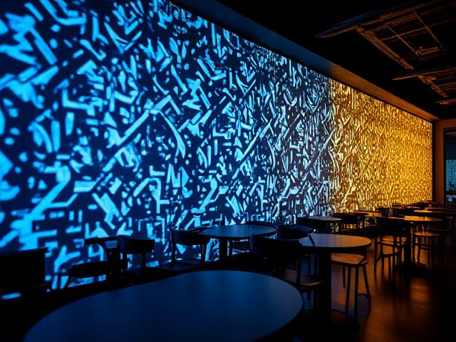 Detalle de una instalación de arte óptico en Nébula de noche, con patrones de luz creando efectos visuales.