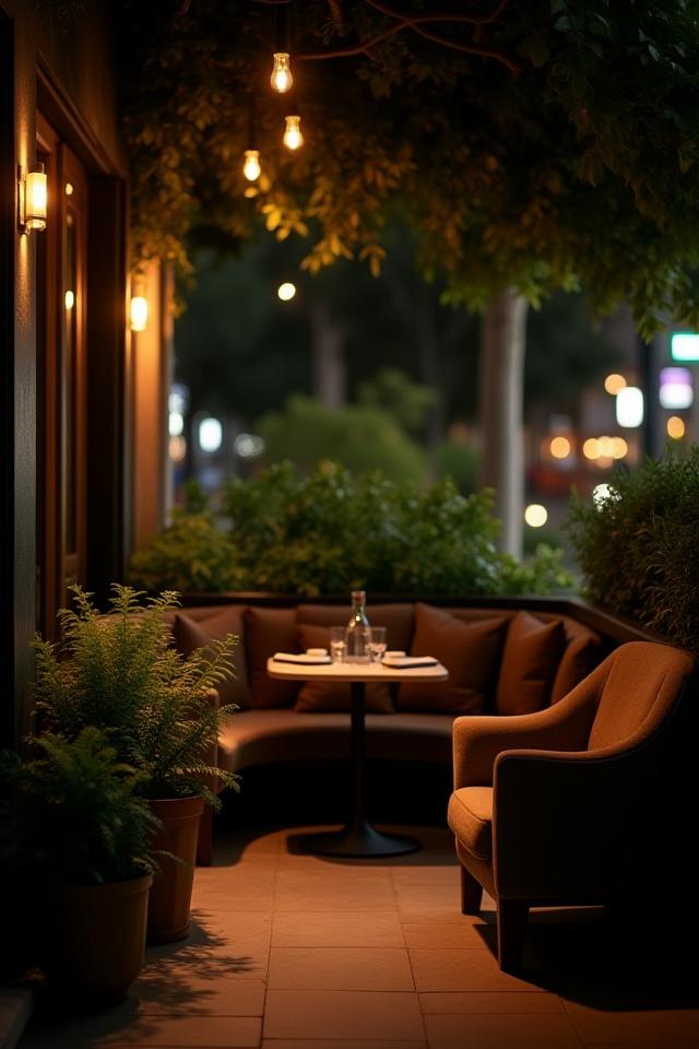 Un rincón íntimo del patio de Nébula Café por la noche, con luz ambiental baja y plantas, ideal para conversaciones tranquilas.