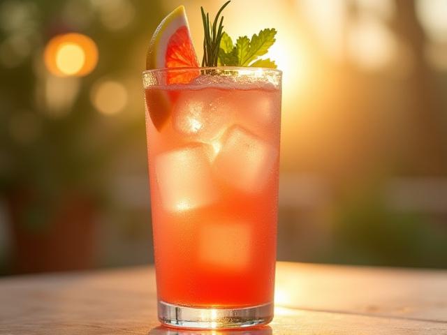 Coctel 'Cascara Highball' en un vaso alto con hielo, adornado con una rodaja de cítrico y ramita de hierbas, de color rojizo.