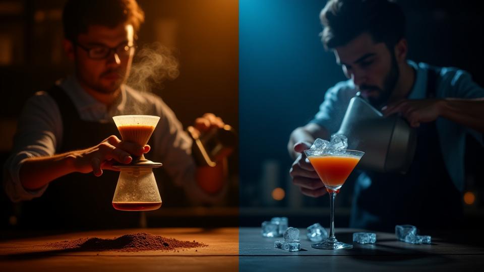 Imagen dividida donde a la izquierda un barista prepara un V60 y a la derecha un mixólogo agita un cóctel, simbolizando la fusión de mundos.
