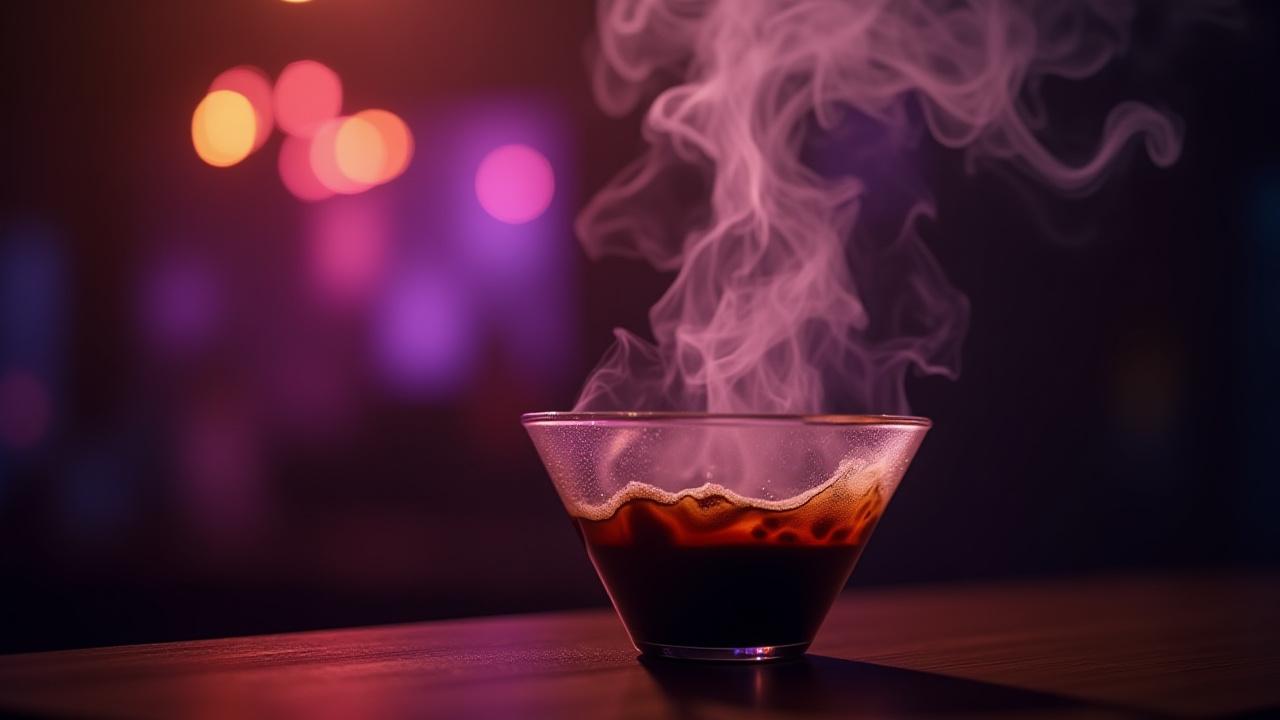 Primer plano dramático de un Sifón Japonés en plena extracción, con vapor y brillos de luz ambiental.