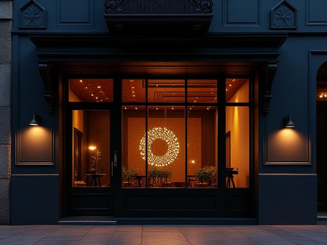 Exterior acogedor de Nébula Café con diseño de iluminación moderno al atardecer