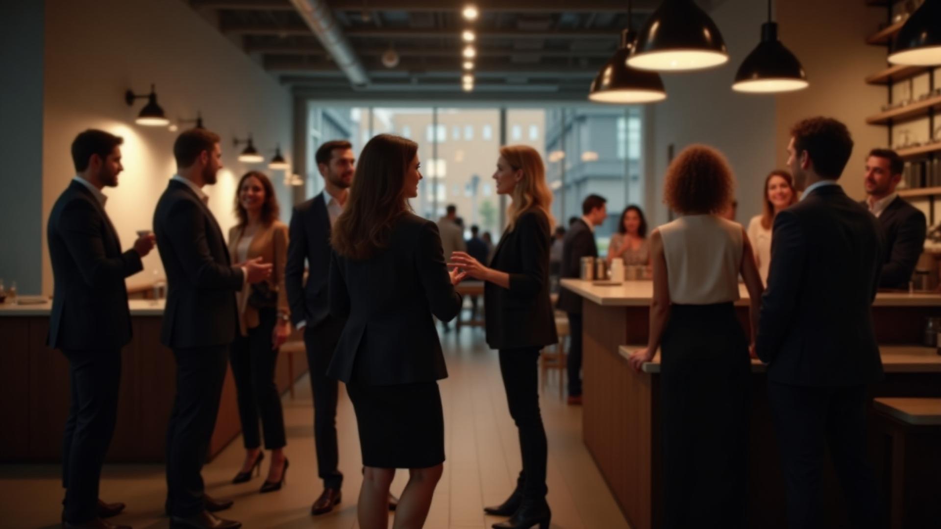 Evento corporativo moderno en Nébula Café con iluminación estratégica