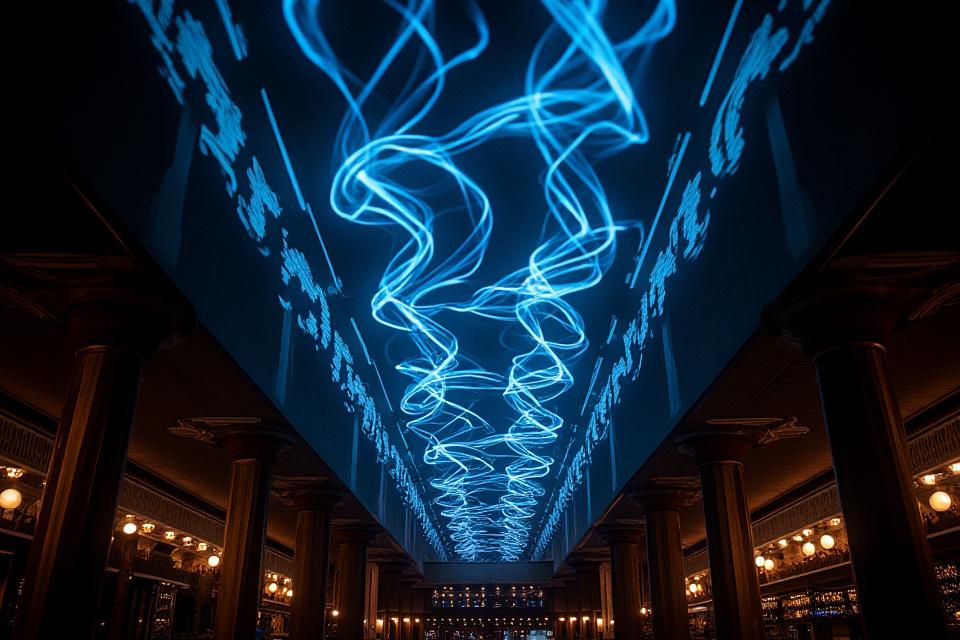 Patrones de luz dinámicos proyectados en el techo de Nébula Café