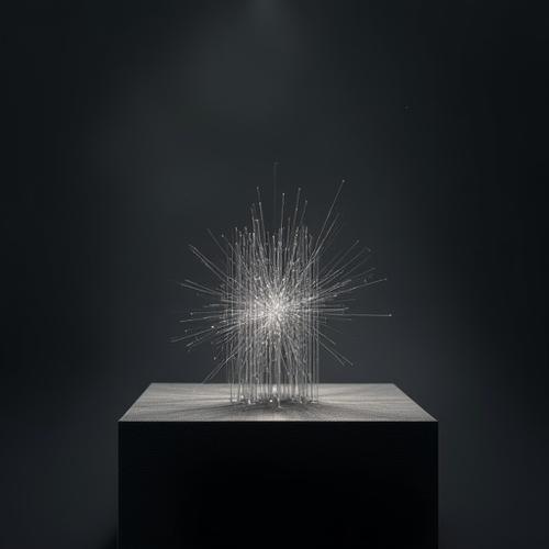 Escultura cinética de mesa, inspirada en arte óptico, con varillas que crean patrones de luz