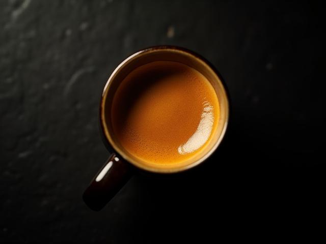 Toma de espresso con crema dorada en una taza de cerámica